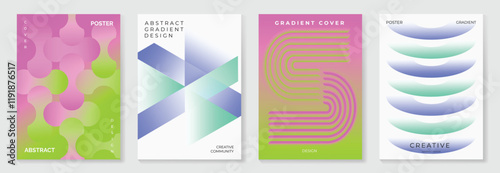 Modern gradient poster background vector set. Minimalist cover template with vibrant perspective geometric prism shapes in motion. Ideal design for social media, cover, banner, flyer.