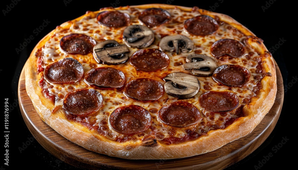 A delicious pepperoni and mushroom pizza on a wooden board, ready to be enjoyed. A delicious pepperoni and mushroom pizza on a wooden board, ready to be enjoyed.
