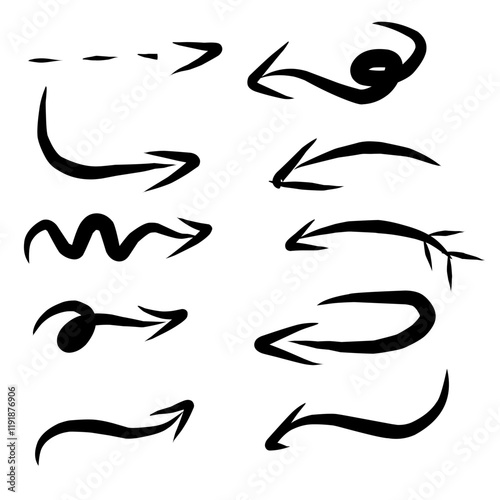 Hand drawn arrow vector icons set. Sketch arrow design for business plan and education. Set of arrows black icons. Circle arrows, rotate arrow, redo process symbol.