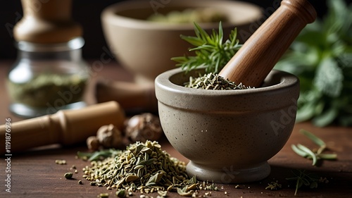 Mortar And Pestle With Freshly Crushed Medicinal Herbs