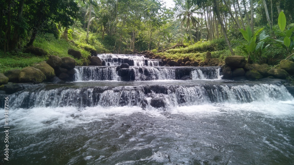 Fototapeta premium Serene Cascading Waterfall in Lush Tropical Paradise