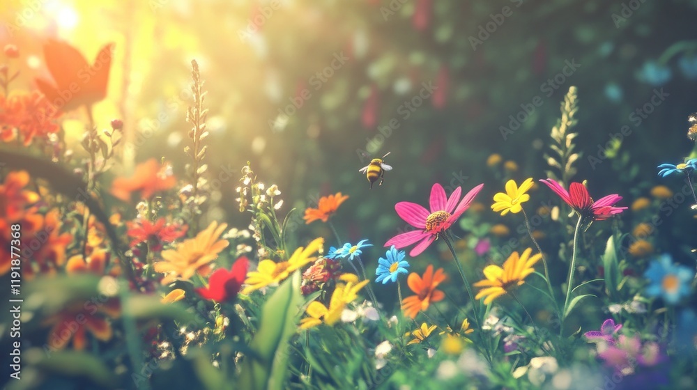 Fototapeta premium Vibrant wildflowers bathed in golden sunlight, a bee in flight.