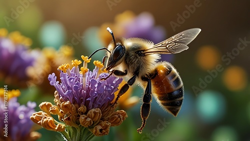 Bee With Iridescent Wings Landing On A Golden Honeycomb photo