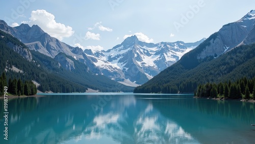 A breathtaking scene unfolds as a vivid turquoise lake cradles within a lush, forested mountain embrace. Its mirror-like waters reflect towering peaks and an expansive azure sky