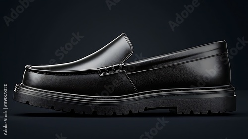 Black leather loafer shoe, side view, dark background, fashion website photo