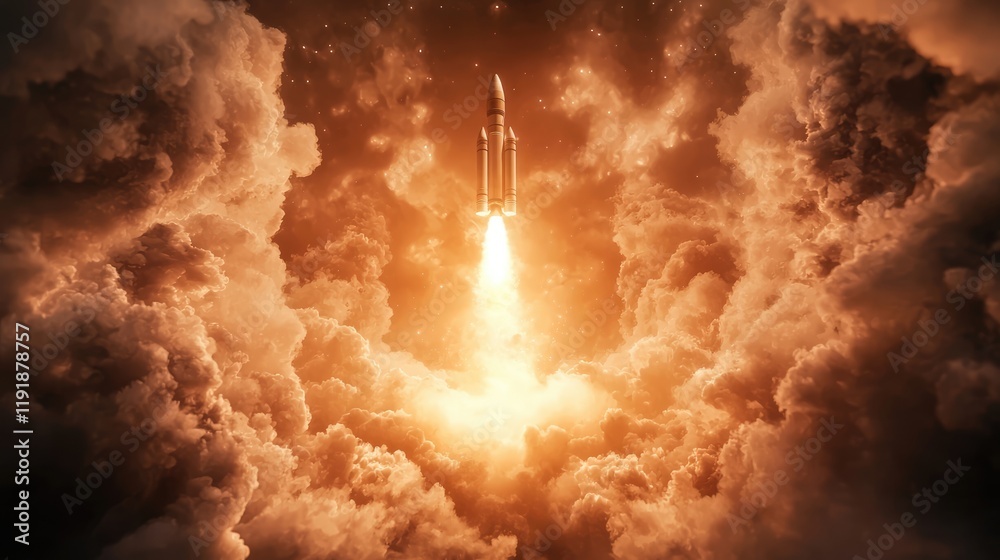 Fototapeta premium A rocket launches through fiery clouds, illuminating the sky with bright orange flames, symbolizing exploration and the power of technology.