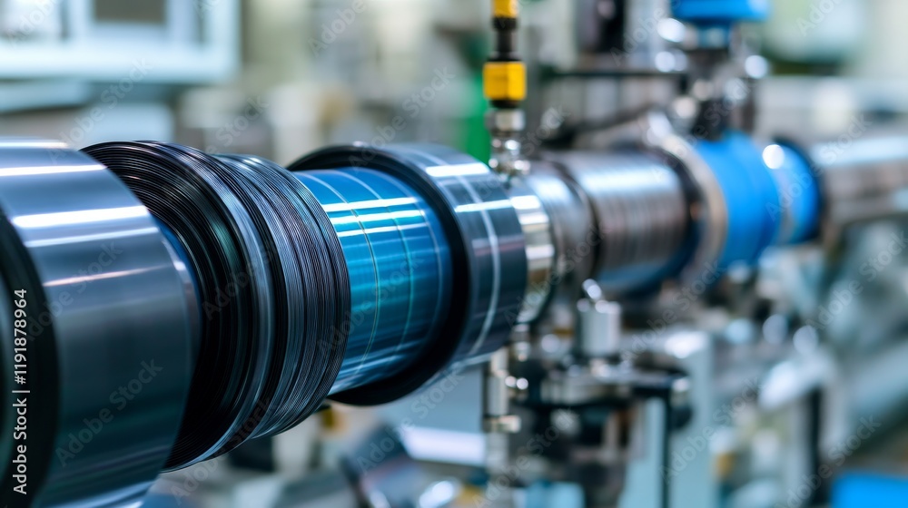 Fototapeta premium Close-Up of Advanced Industrial Machinery Component with Rotating Metal Parts and Blue Elements in a Modern Factory Environment