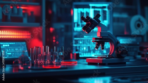 Modern lab with microscope, glassware, and computer screen.