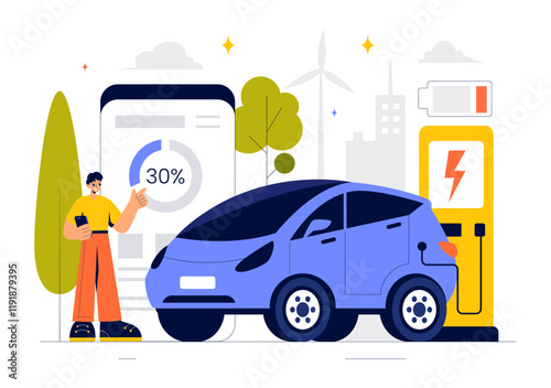 Charging Electric Car Batteries Vector Illustration with of Charger and Cable Plugs Representing Green Energy, Environmental Sustainability or Ecology