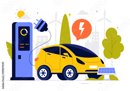 Charging Electric Car Batteries Vector Illustration with of Charger and Cable Plugs Representing Green Energy, Environmental Sustainability or Ecology