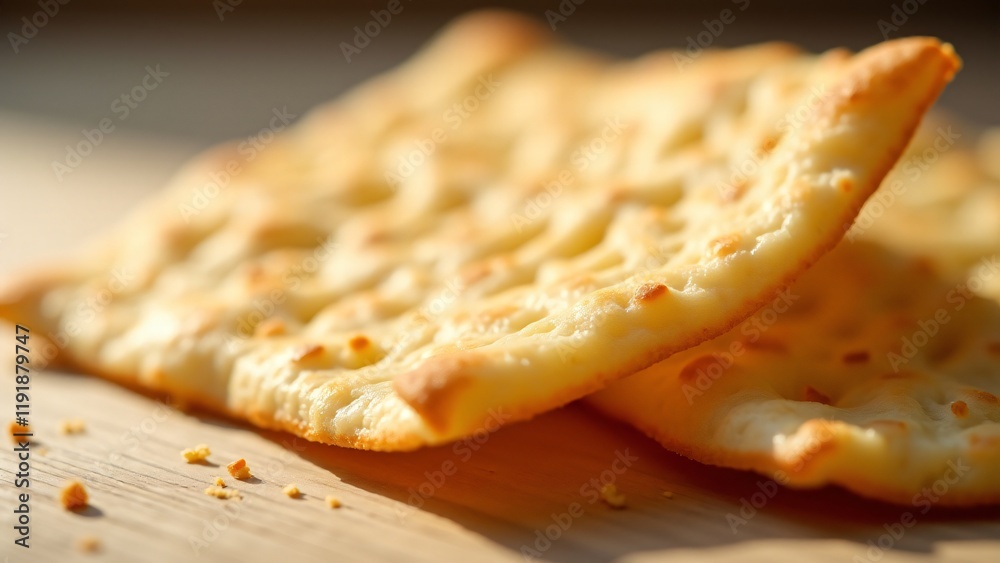 A close-up shot of crispy matzá, showcasing its textured surface and perforations, illuminated by soft natural light for a rustic, authentic feel. A close-up shot of crispy matzá, showcasing its textured surface and perforations, illuminated by soft natural light for a rustic, authentic feel.