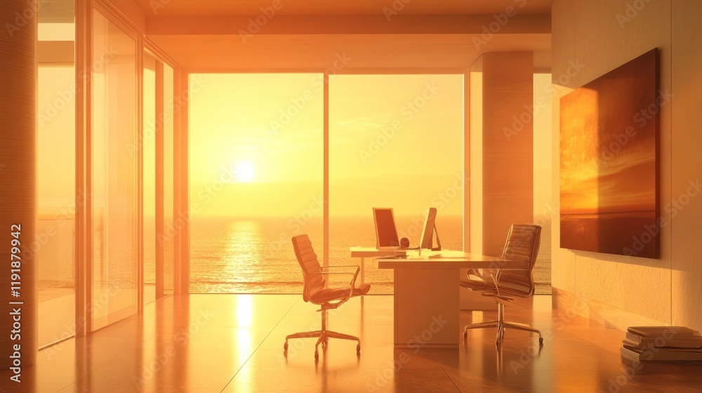 Fototapeta premium Sunset view from modern office with ocean view.