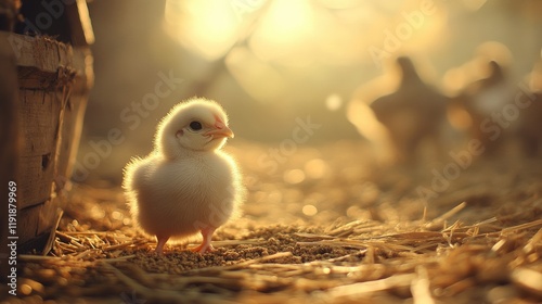 Cute and Fluffy Chickling in Warm Golden Light Amidst Straw and Grain, Symbolizing New Life and Nature's Beauty on a Farm photo