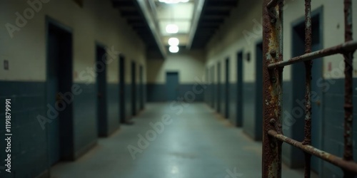 A Long, Dark Correctional Facility Corridor with Rusted Metal Bars and Closed Doors