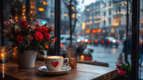 A romantic cafe scene, with a heart latte and red roses. Out the window, a rainy city street can be seen.


