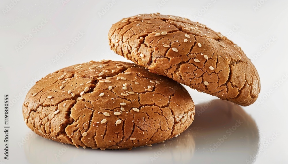 Two round, brown, sesame seed covered bread buns on a white surface. Two round, brown, sesame seed covered bread buns on a white surface.