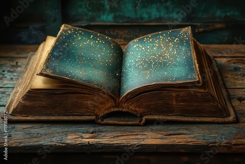 an open antique book resting on a rustic wooden table adorned with a subtle glitter overlay evoking a sense of nostalgia and wonder inviting viewers into the world of stories and imagination photo