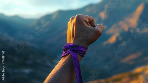 Fist with purple ribbon tied around wrist mountain background for World Cancer Day