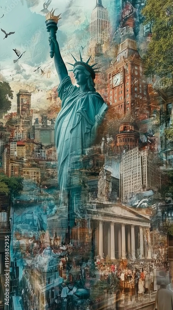 Obraz premium A dreamlike or painting collage banner of famous travel destinations in America.