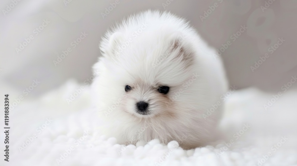 Adorable Pomeranian with fluffy white fur, bright eyes, and a perky tail, looking charming and cute. A lovely small - breed dog. Adorable Pomeranian with fluffy white fur, bright eyes, and a perky tail, looking charming and cute. A lovely small - breed dog.