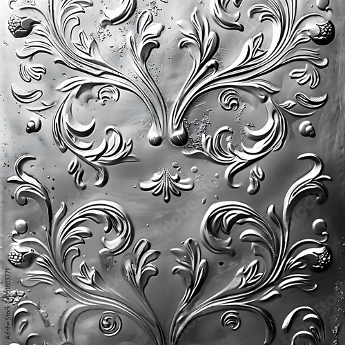 Intricate embossed silver metalwork displays a repeating floral pattern. Ornate swirls and leaves create a Victorianstyle design. The texture is richly detailed. photo