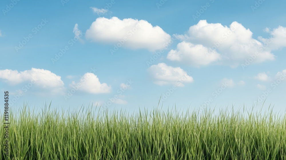 Tranquil Summer Sky: A vibrant green grassy field stretches towards a serene blue sky adorned with fluffy white clouds, painting a picturesque scene of tranquil summer beauty. Tranquil Summer Sky: A vibrant green grassy field stretches towards a serene blue sky adorned with fluffy white clouds, painting a picturesque scene of tranquil summer beauty.