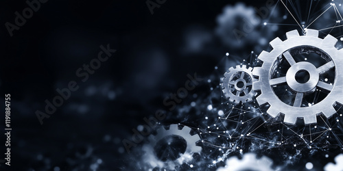 White gears with holographic networking and copy space on a black background
