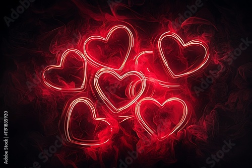 Red Neon Hearts in a Smoky, Abstract Background