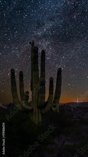 cactus in the desert with starry night sky and milky way. Vertical design in 9:16 ratio. Smartphone and social media ready.