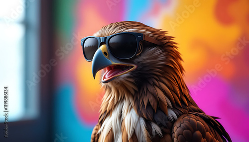Funny hawk wearing sunglasses in studio with a colorful and bright background. Generative AI
