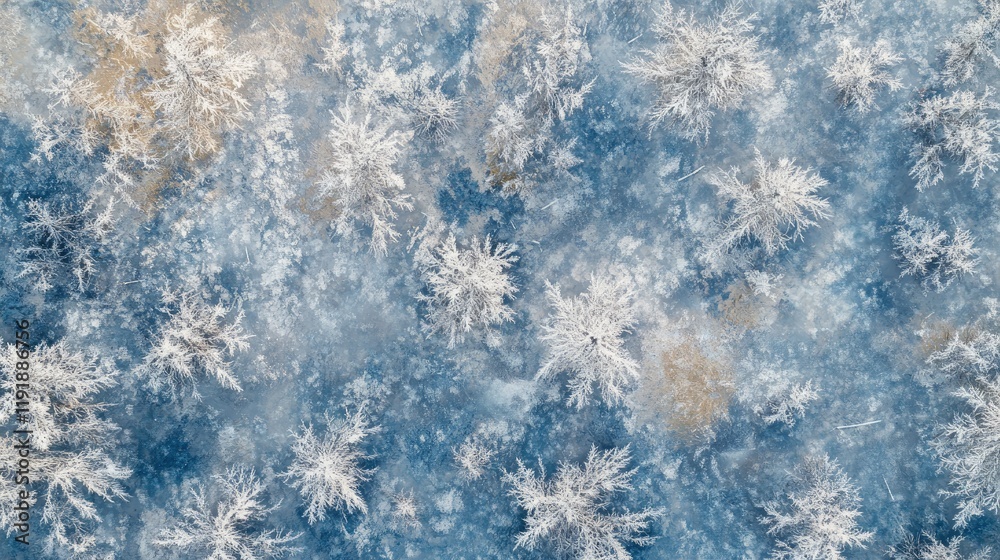 Forest covered in frost and snow, seen from above, with scattered areas of thawing ground visible. Forest covered in frost and snow, seen from above, with scattered areas of thawing ground visible.