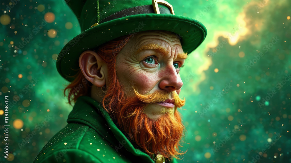 Portrait of a red-haired man with a beard in a leprechaun costume on a fantasy background, St. Patrick's day, copy space Portrait of a red-haired man with a beard in a leprechaun costume on a fantasy background, St. Patrick's day, copy space