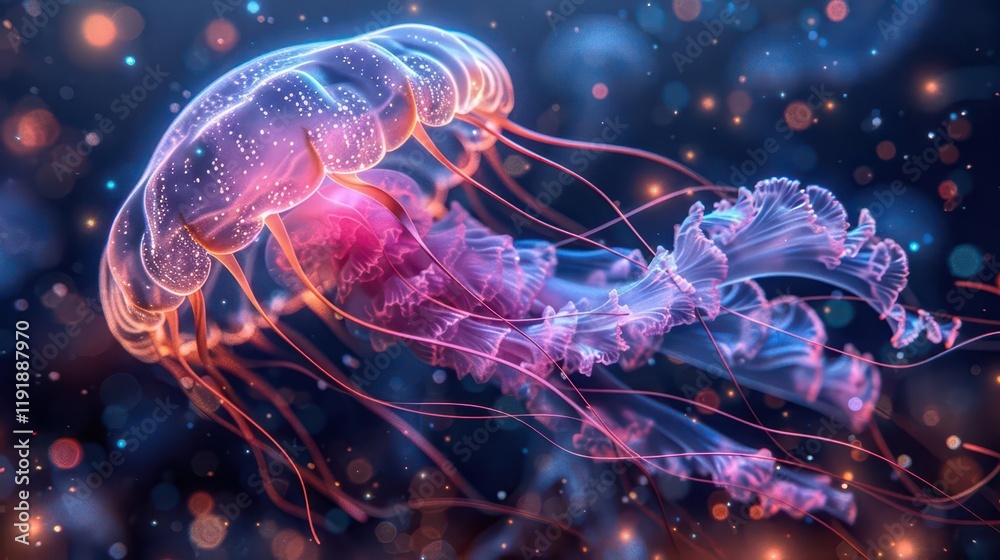 A vibrant, glowing jellyfish floating in a colorful underwater scene. A vibrant, glowing jellyfish floating in a colorful underwater scene.