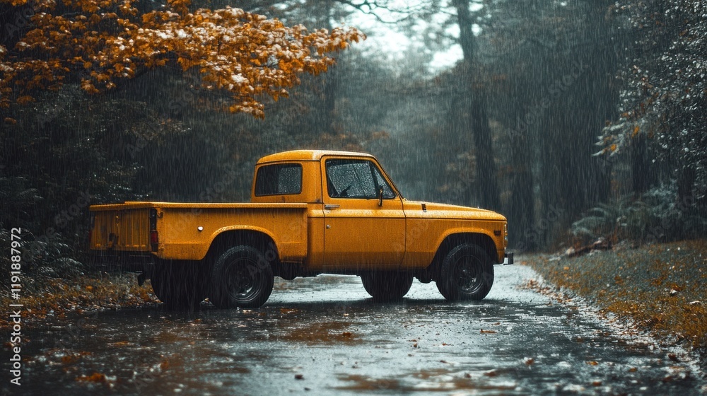 Obraz premium Yellow Classic Truck in Rainy Autumn Forest