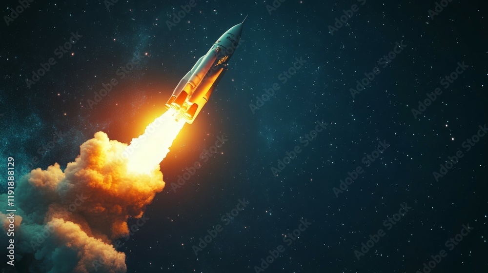 Rocket launching into space. Bright fiery trail against a dark starry sky. Rocket launching into space. Bright fiery trail against a dark starry sky.