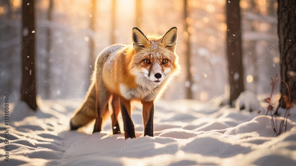 Obraz premium A majestic fox stands poised in a snow-covered forest at sunset