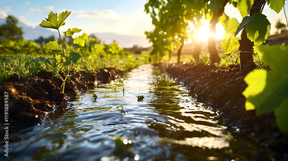Obraz premium vineyard irrigation, sunset, water flow - golden hour photography