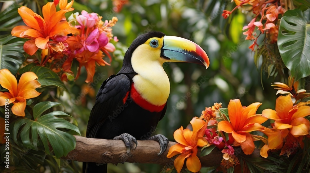 Fototapeta premium Exotic Toucan Perched Amongst Vibrant Tropical Flowers in Lush Green Foliage