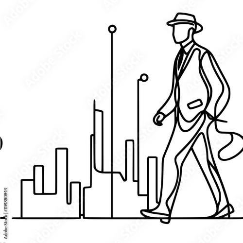 Illustration of a man in a hat and suit walking through the city against the background of buildings, single line vector drawing