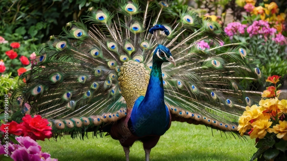 Obraz premium A magnificent peacock displaying its vibrant plumage in a colorful garden
