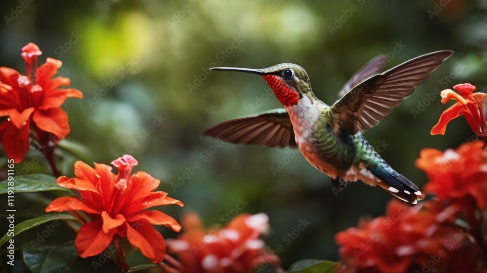 Fototapeta premium Hummingbird in flight with vivid red flowers surrounding a natural bokeh effect