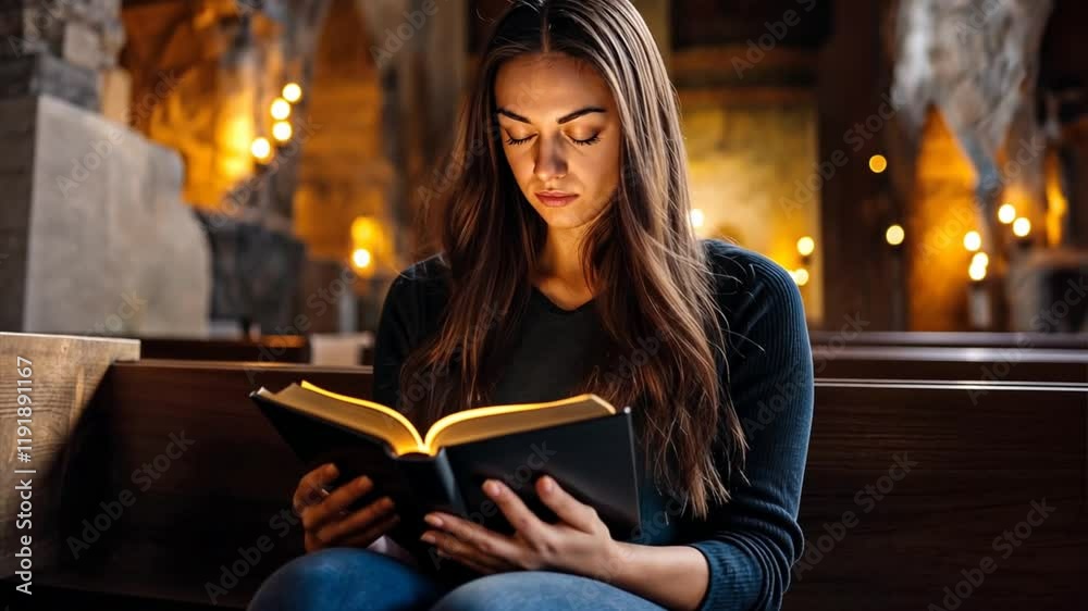 Woman Reading the Bible in an Ancient Catholic Temple Woman Reading the Bible in an Ancient Catholic Temple