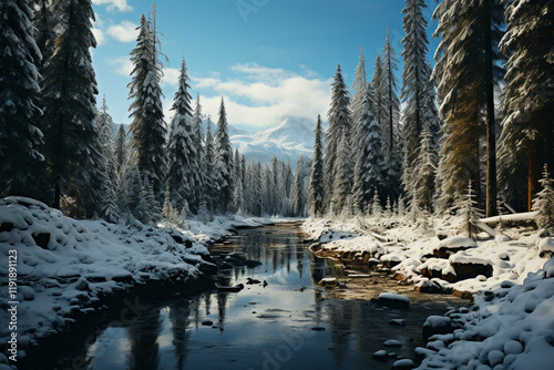 beautiful winter landscape with pine trees and river,.Generative AI photo