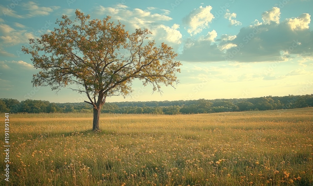 Fototapeta premium Solitary tree in a sunlit, flowered field.