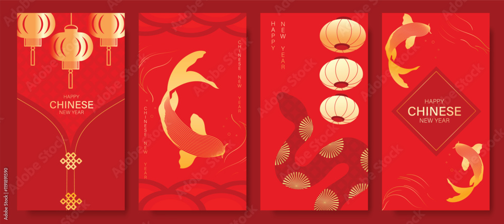Naklejka premium Chinese New Year 2025 hongbao red envelope design vector. Collection of Chinese festival with lantern, snake, fish, pattern. Elegant oriental illustration for angpao, cover, website, calendar, ads.