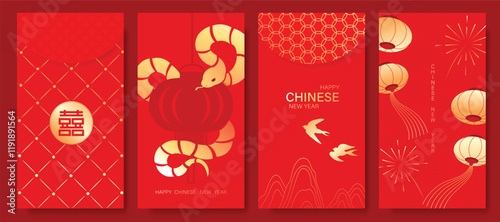 Chinese New Year 2025 hongbao red envelope design vector. Collection of Chinese festival with lantern, snake, bird, pattern. Elegant oriental illustration for angpao, cover, website, calendar, ads.