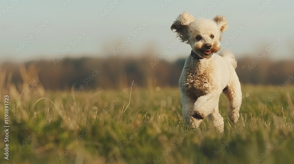 Energetic white poodle running joyfully on the lush green grass, showing its lively and active nature. A charming sight of a pet in an open space. Energetic white poodle running joyfully on the lush green grass, showing its lively and active nature. A charming sight of a pet in an open space.