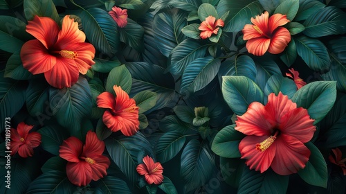 A vibrant display of hibiscus flowers amidst lush green leaves.