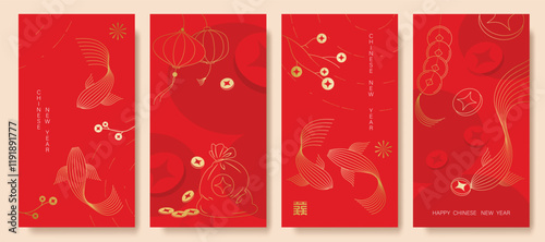 Chinese New Year 2025 hongbao red envelope design vector. Collection of Chinese festival with lantern, coin, fish, pattern. Elegant oriental illustration for angpao, cover, website, calendar, ads.
