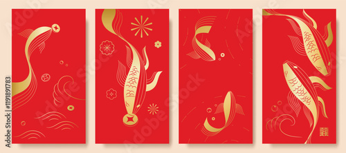 Chinese New Year 2025 hongbao red envelope design vector. Collection of Chinese festival with flower, coin, fish, pattern. Elegant oriental illustration for angpao, cover, website, calendar, ads.